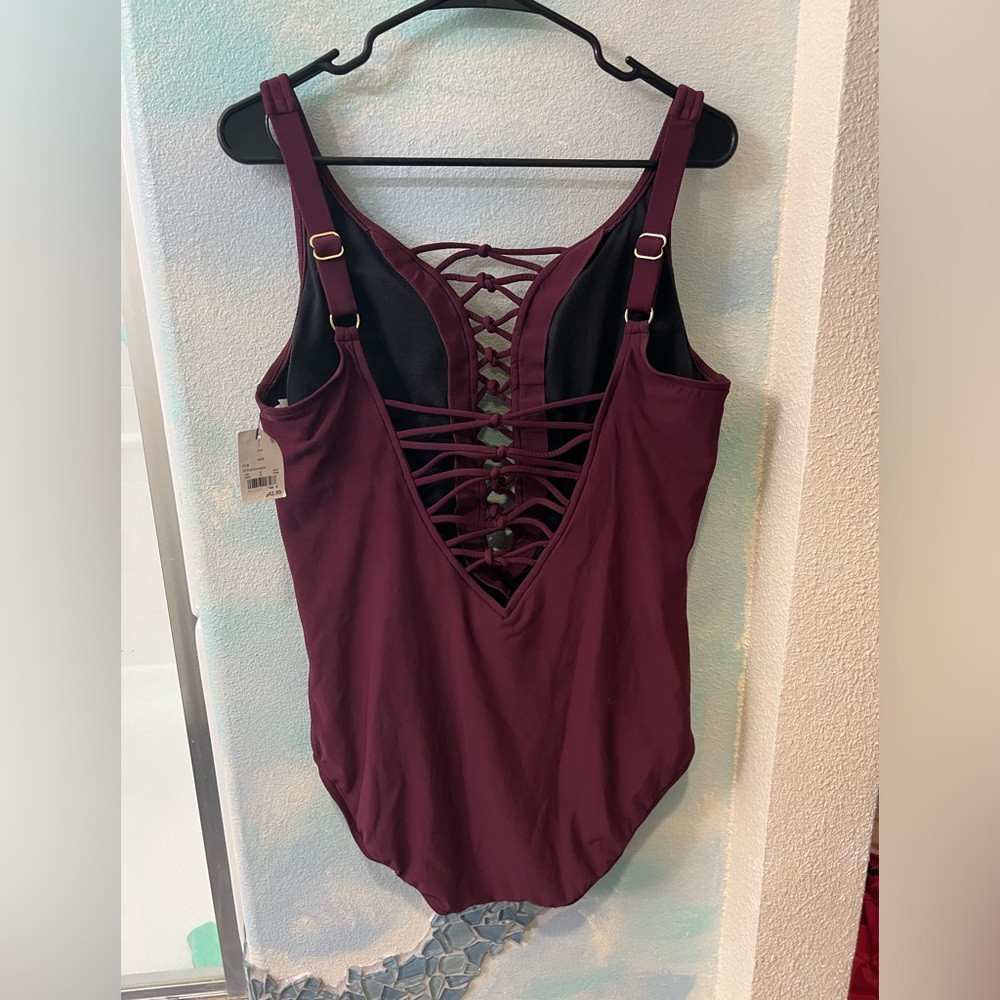 NWT Aqua Green Burgundy One Piece Bathing Suit - Picture 5 of 9